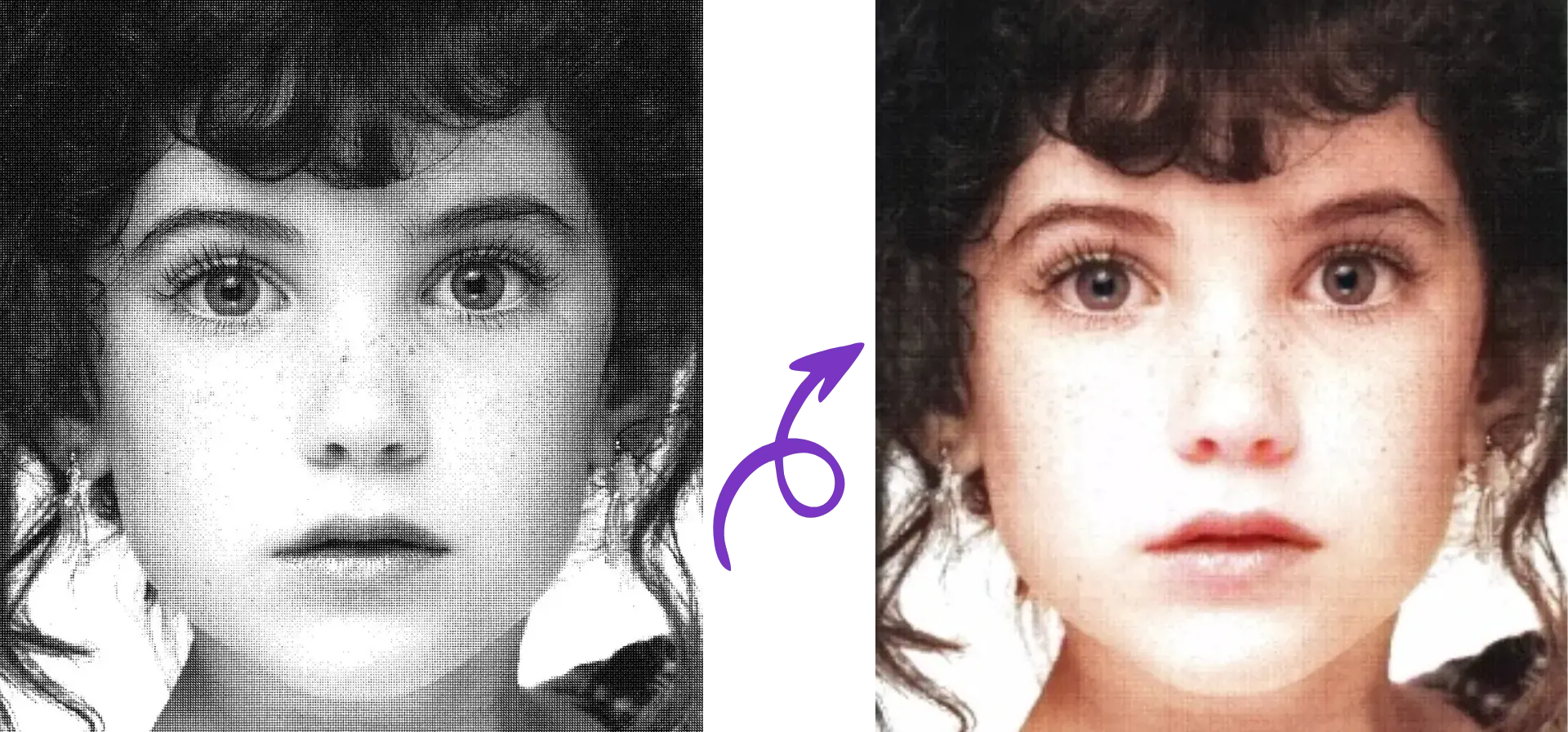 Black and white picture of a young girl transformed into the coloured version through Remini