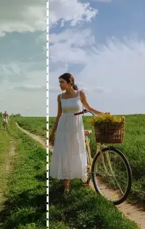 a girl standing in a field with background enhancer filter on 