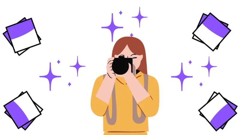 A girl holding a camera with picture frames and stars in the background