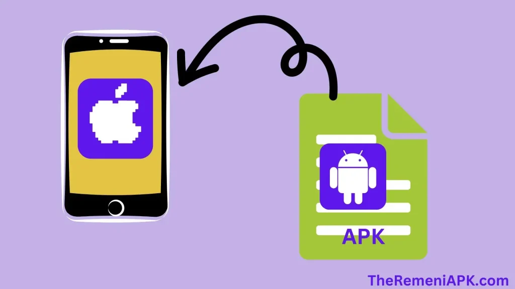 A phone displaying an Apple icon with an arrow to an Android APK file