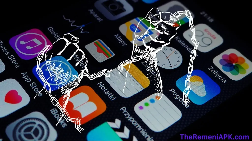 A smartphone with app icons and an overlay of figures arm holding a broken chain showing first method on how to use APK files on iOS