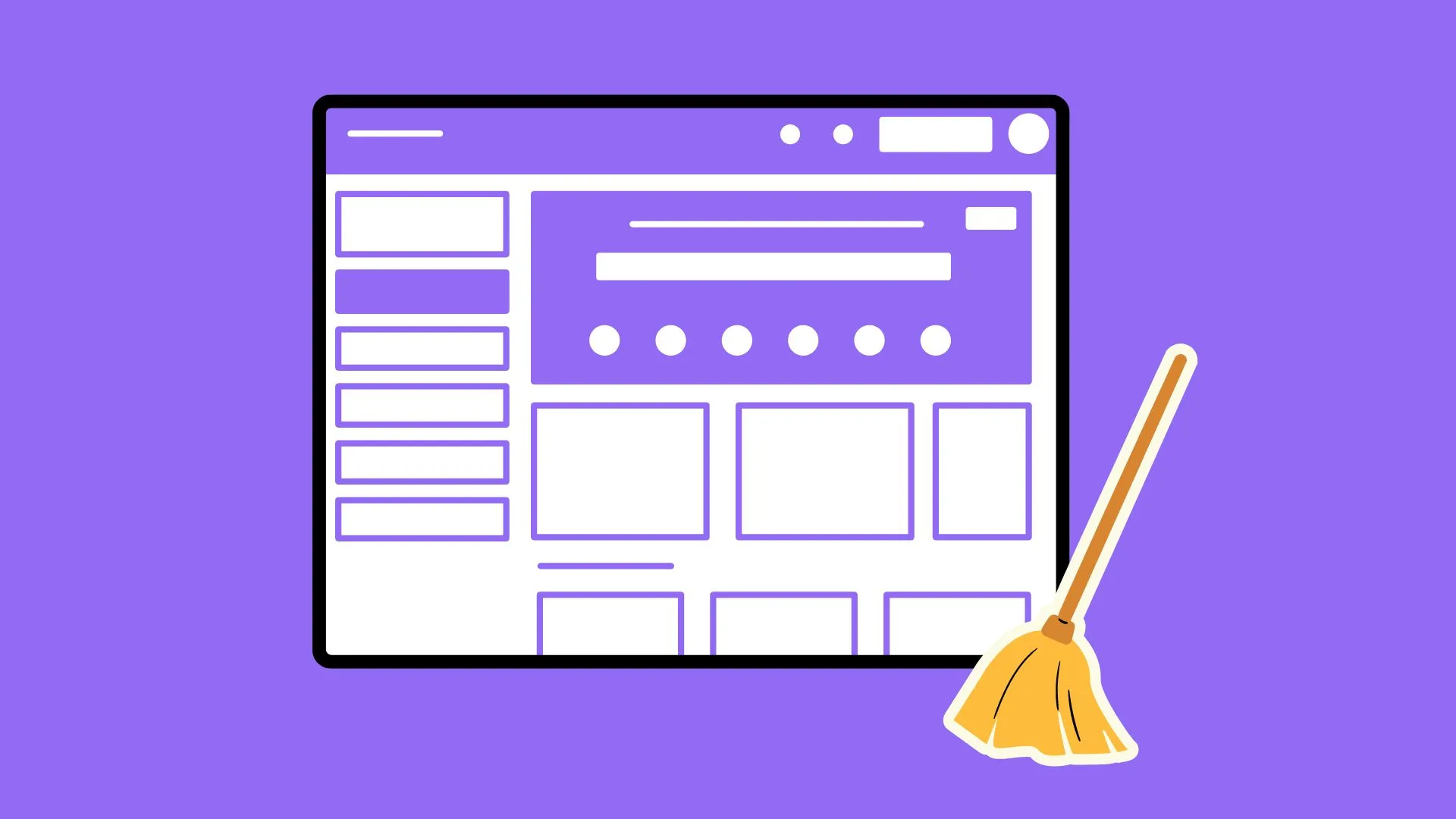 A stylized web browser window with a broom icon, symbolizing clearing cache or cleaning up, against a purple background