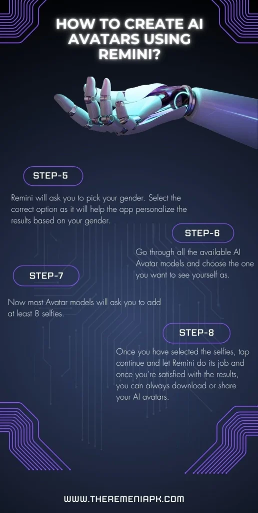 infographic showing steps 5-8 to Create AI Avatars Using Remini 5-8