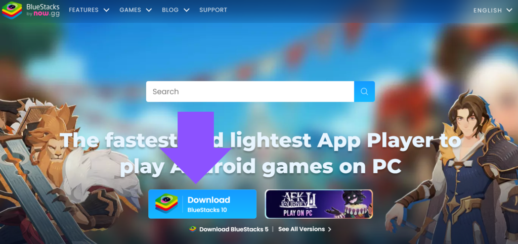 Bluestacks main website with purple arrow pointing downwards to download bluestacks button 