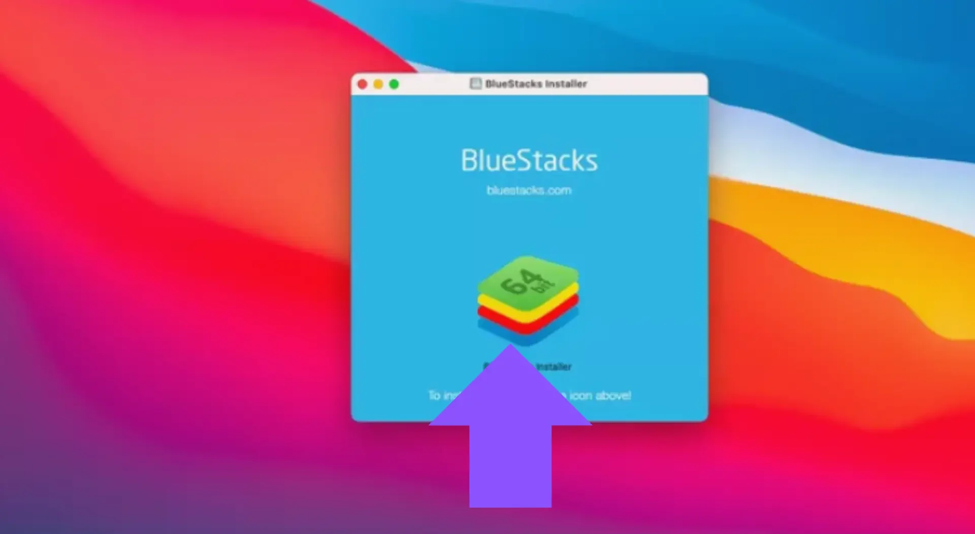 Bluestacks installer pop-up with purple arrow pointing towards bluestacks icon