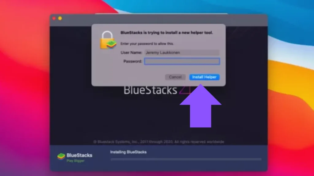 mac install helper with purple arrow pointing towards a pop-up asking for mac system password