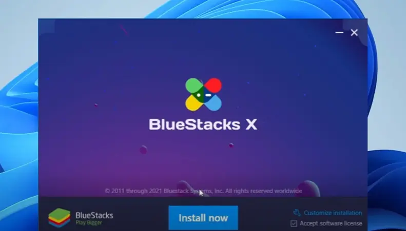 A window pop-up with bluestacks logo and and an Install Now button