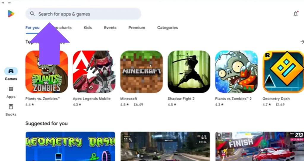 Playstore window with purple arrow pointing towards playstore search bar