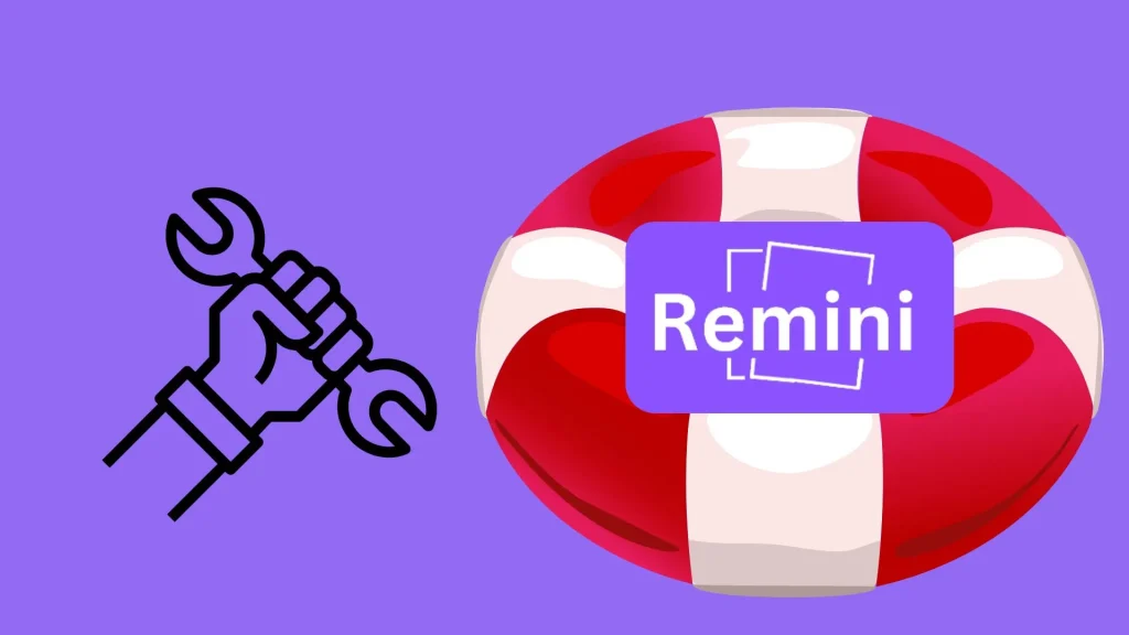 a hand holding a wrench, symbolizing troubleshooting, next to a lifebuoy with the Remini logo, on a purple background