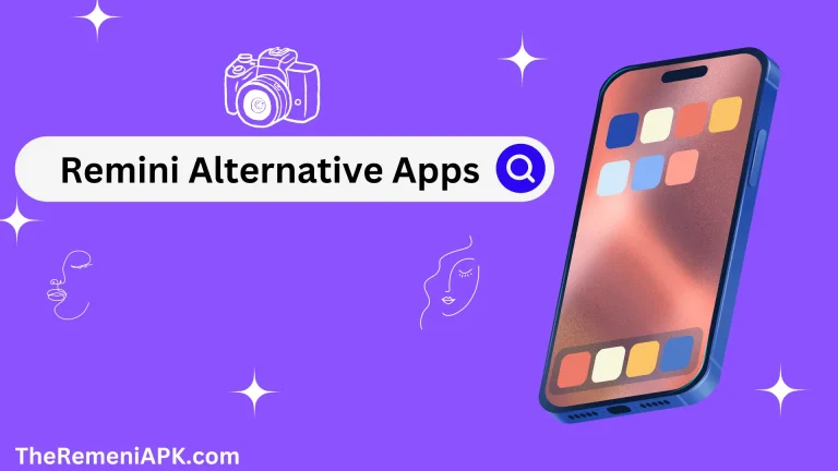 A mobile screen, a camera and starts illustrations witha purple background and Remini Alternative Apps written inside a search bar