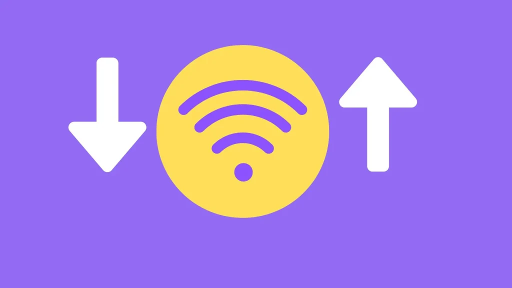 graphic showing a yellow Wi-Fi signal icon with an upward arrow and a downward arrow on either side, on a purple backdrop