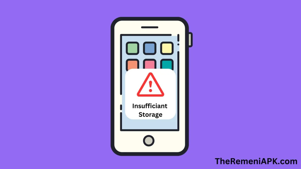 smartphone displaying an Insufficient Storage warning on a purple backdrop