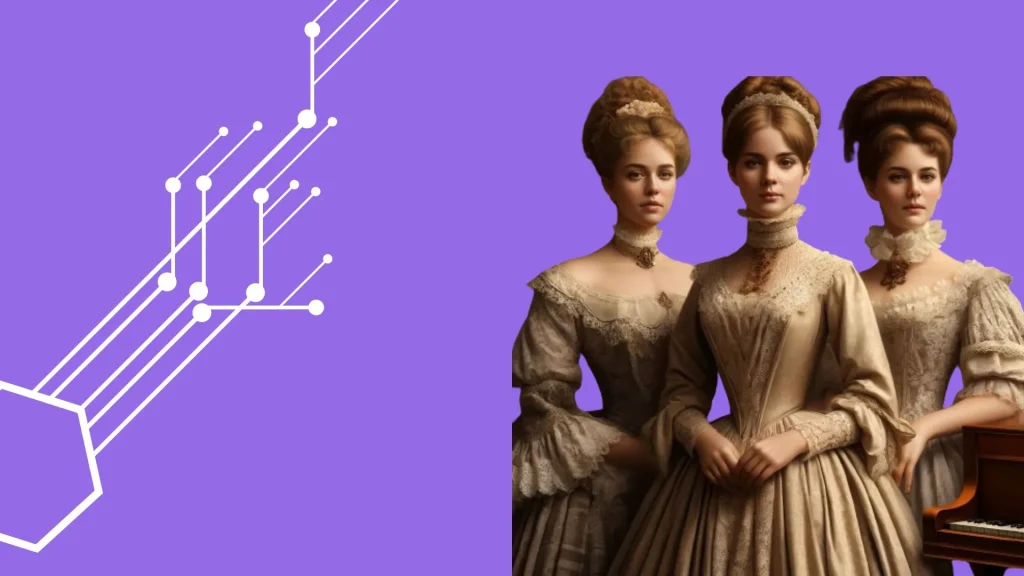 three women dressed into Victorian era clothes posing on a purple background