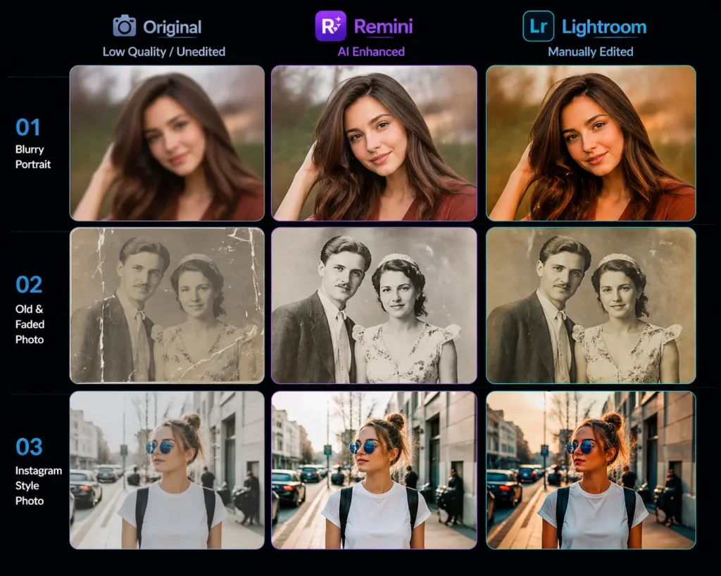 Remini vs Lightroom-Visual Comparison